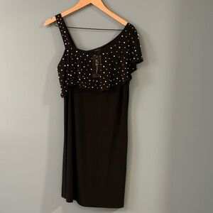 Asymmetrical Shoulder Black Dress with Pearl Detail